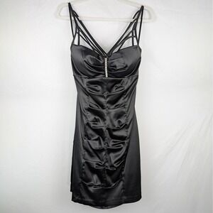 Beata Studio Black Strappy Mini Dress Ruched Party Size 11 Shiny Y2K Homecoming